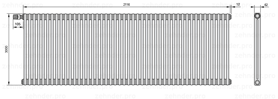 Схема (чертеж) Радиатор Zehnder Charleston 2300/46 №V012 Белый глянцевый RAL 9016